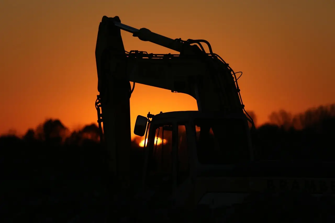 excavator, construction machine, eve, sunset, construction site, construction work, tracked vehicle, vehicles, nature, road construction